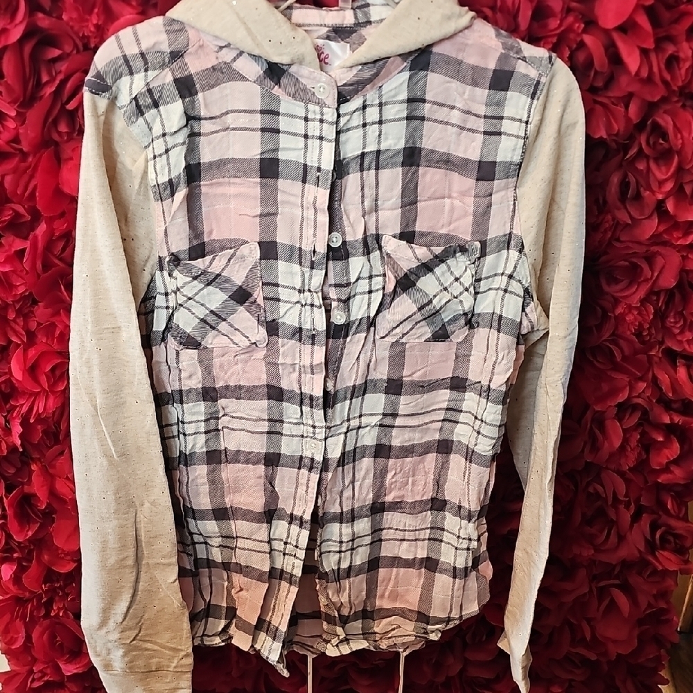 Justice Plaid Button-Up Hoodie With Glitter Cream Long Sleeve Size 16